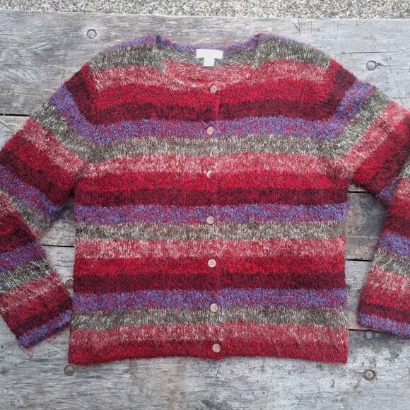 Christopher & Banks Sweaters - Christopher & Banks Striped Fuzzy Cardigan Sweater Womens Large Mohair Blend Red